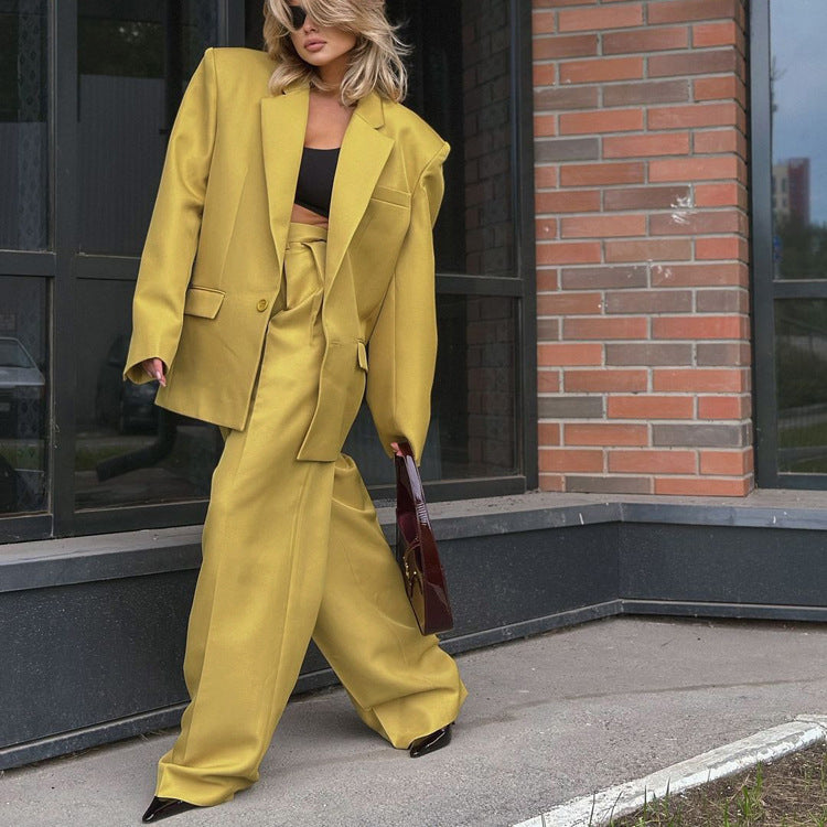 Long Sleeve Lapel Baggy Coat High Waist Wide Leg Pants Two-piece Set - kinko