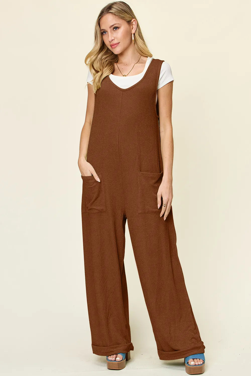 Double Take Full Size Texture Sleeveless Wide Leg Jumpsuit - kinko