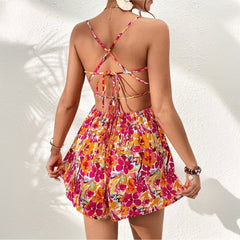 Women's Floral Print Dress Summer Lace-up Back Seaside Holiday Short Dresses - kinko