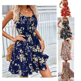 Floral Print Suspender Dress With Elastic Waist Design Fashion Summer Short Dresses Womens Clothing - kinko