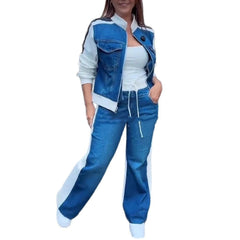 Women's Fashion Denim Stitching Long-sleeve Zipper Two-piece Set - kinko