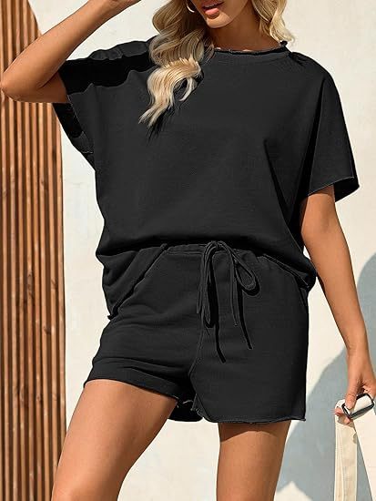 Fisoew Womens Summer 2 Piece Outfits Oversized Casual Short Sleeve Tops And High Waisted Shorts Workout Lounge Short Sets - kinko