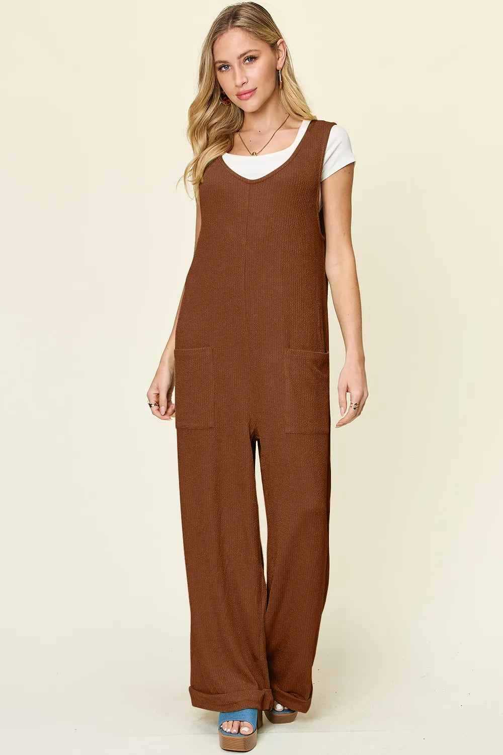 Double Take Full Size Texture Sleeveless Wide Leg Jumpsuit - kinko
