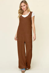 Double Take Full Size Texture Sleeveless Wide Leg Jumpsuit - kinko