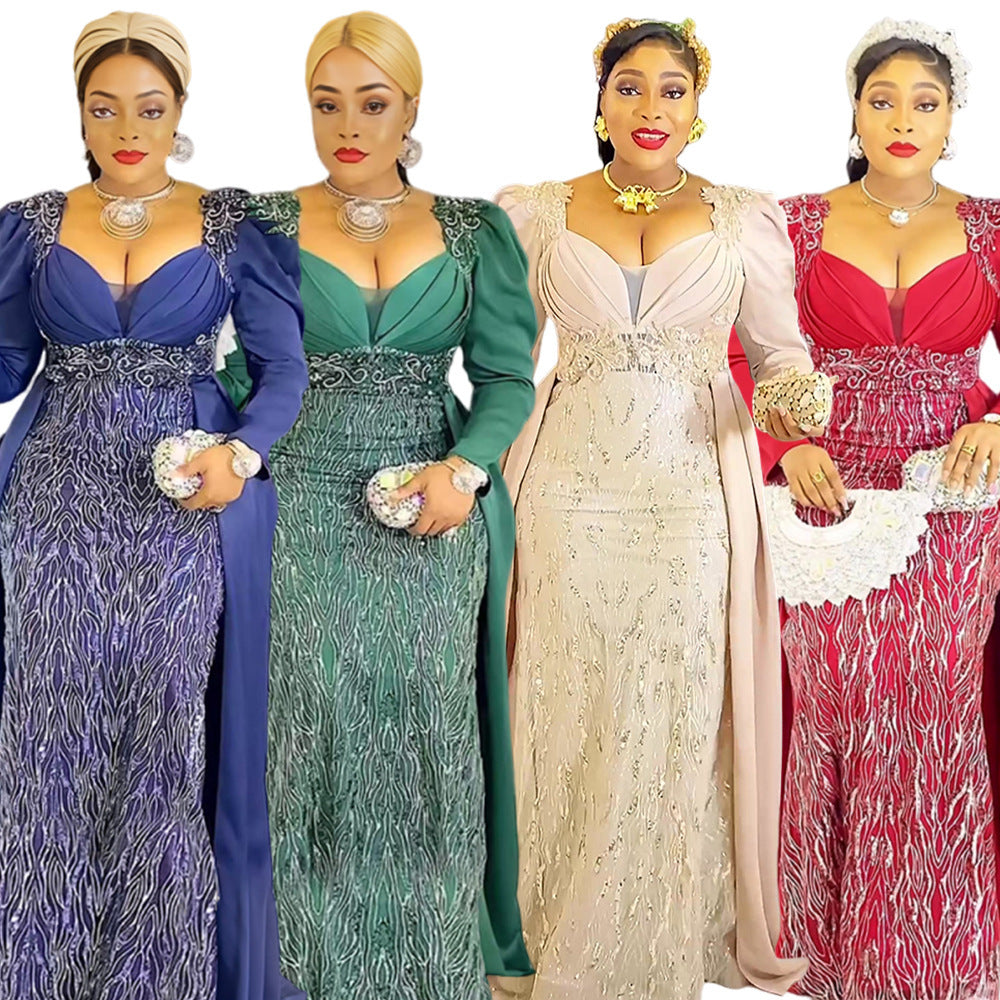 Plus Size Women's Dress V-neck Backless Sequined Evening Dress - kinko