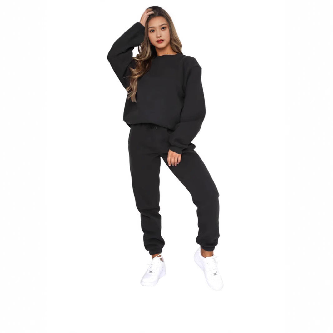 Crew Neck Pullover Sweatshirt Fleece-lined Fashion Casual Sweater Sweatpants Two-piece Set - kinko