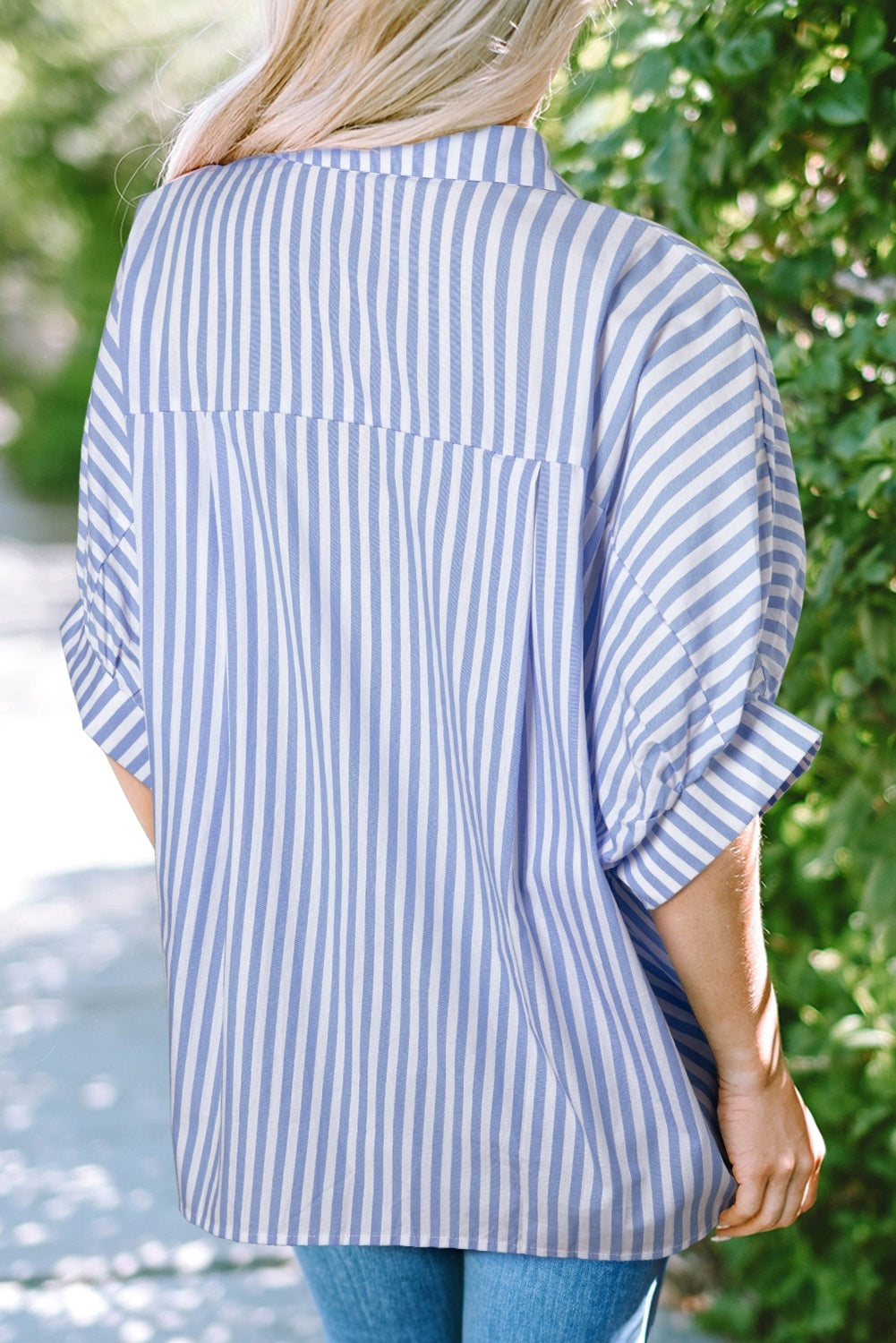 Sky Blue Stripe Dolman Sleeve Oversize Shirt - kinko