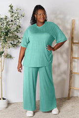 Double Take Full Size Round Neck Slit Top and Pants Set - kinko