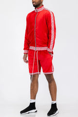 WEIV Men's Full Size Velour Zip Up Jacket and Shorts Set Plus Size - kinko