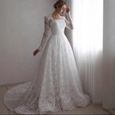 Embroidered Long Sleeve Trailing Wedding Dress - kinko