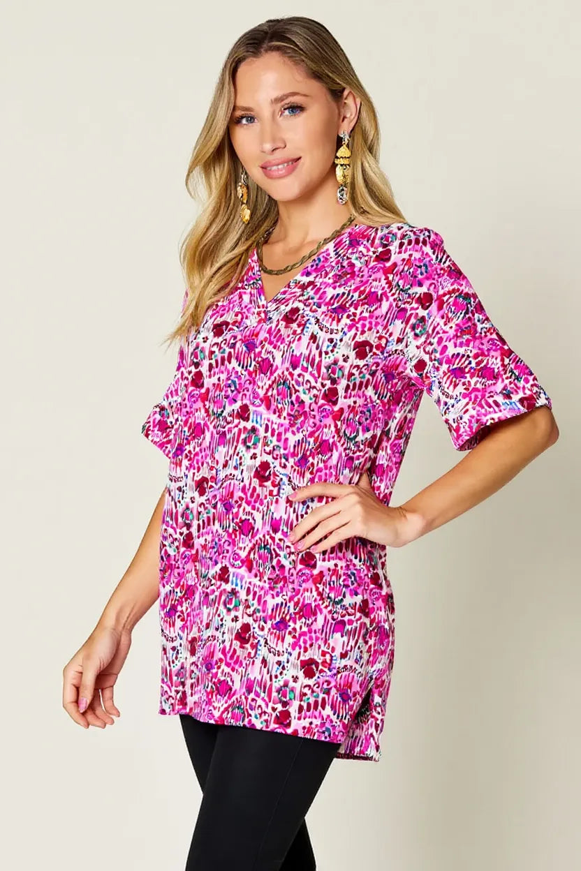 Double Take Full Size Printed V-Neck Short Sleeve Blouse - kinko