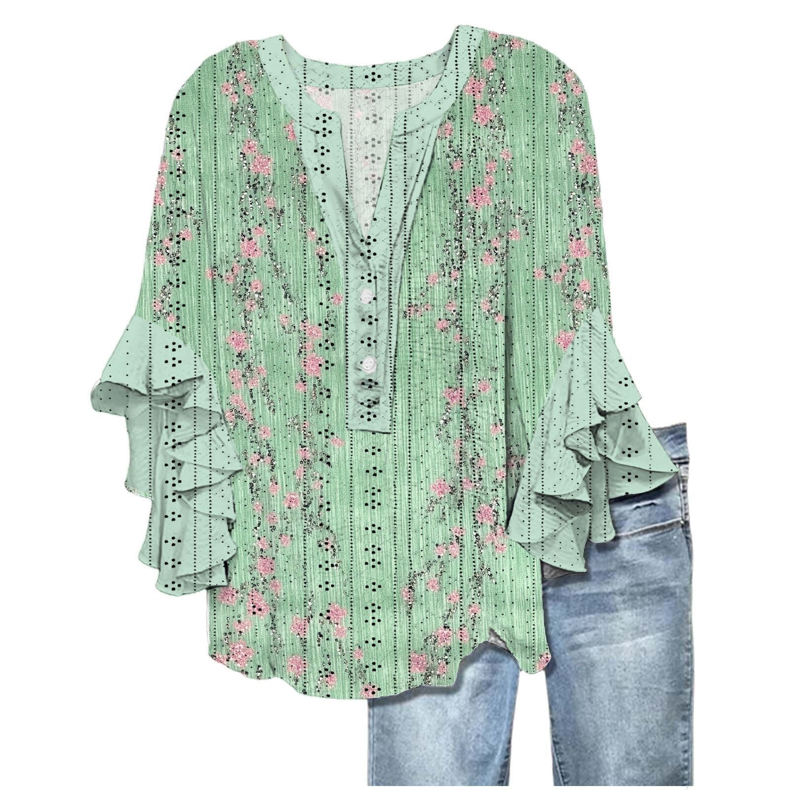 Printed Casual Trend V-neck Flounce Sleeve T-shirt - kinko