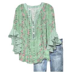 Printed Casual Trend V-neck Flounce Sleeve T-shirt - kinko