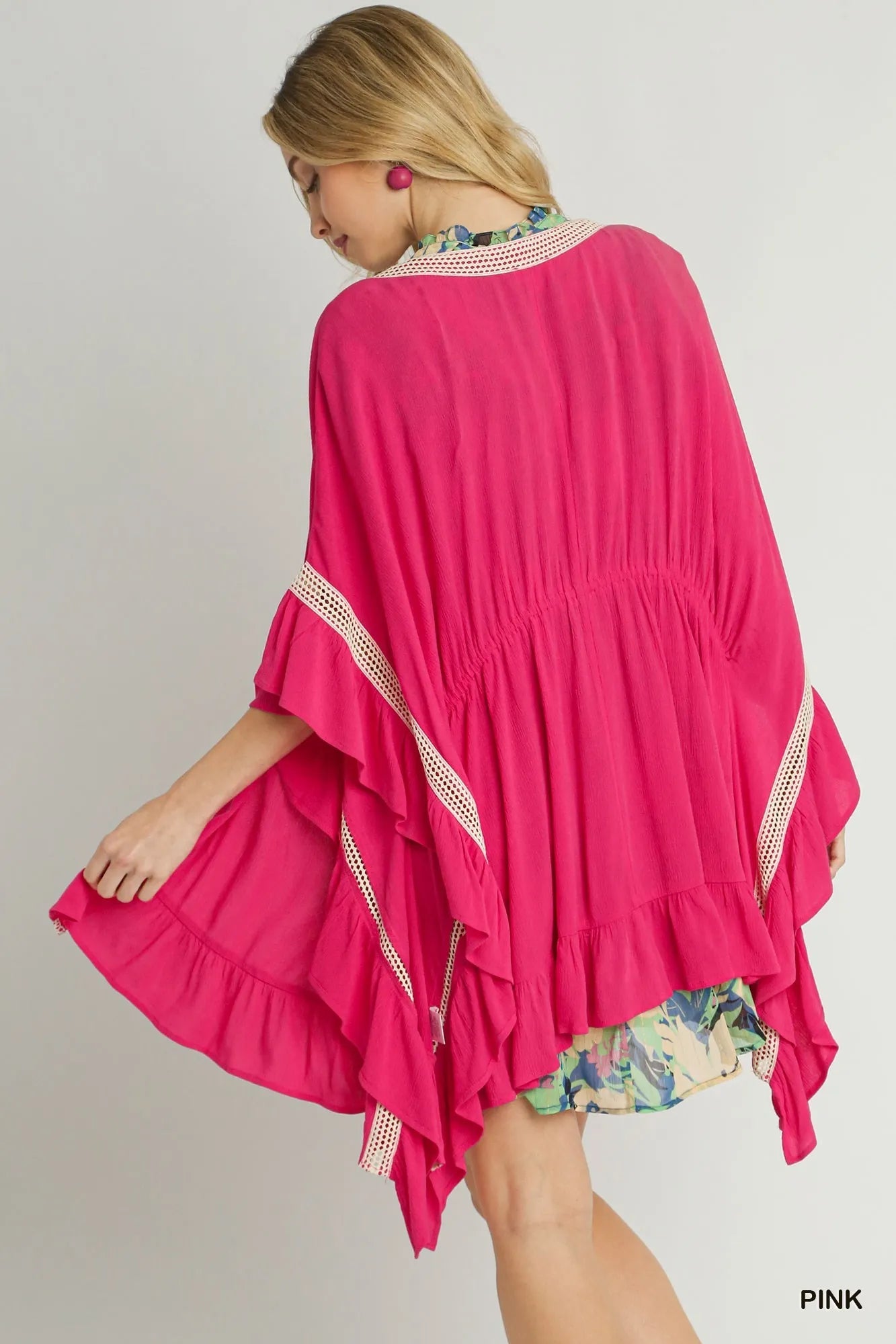 Umgee Ruffle Trim Kimono with Crochet Accent - kinko