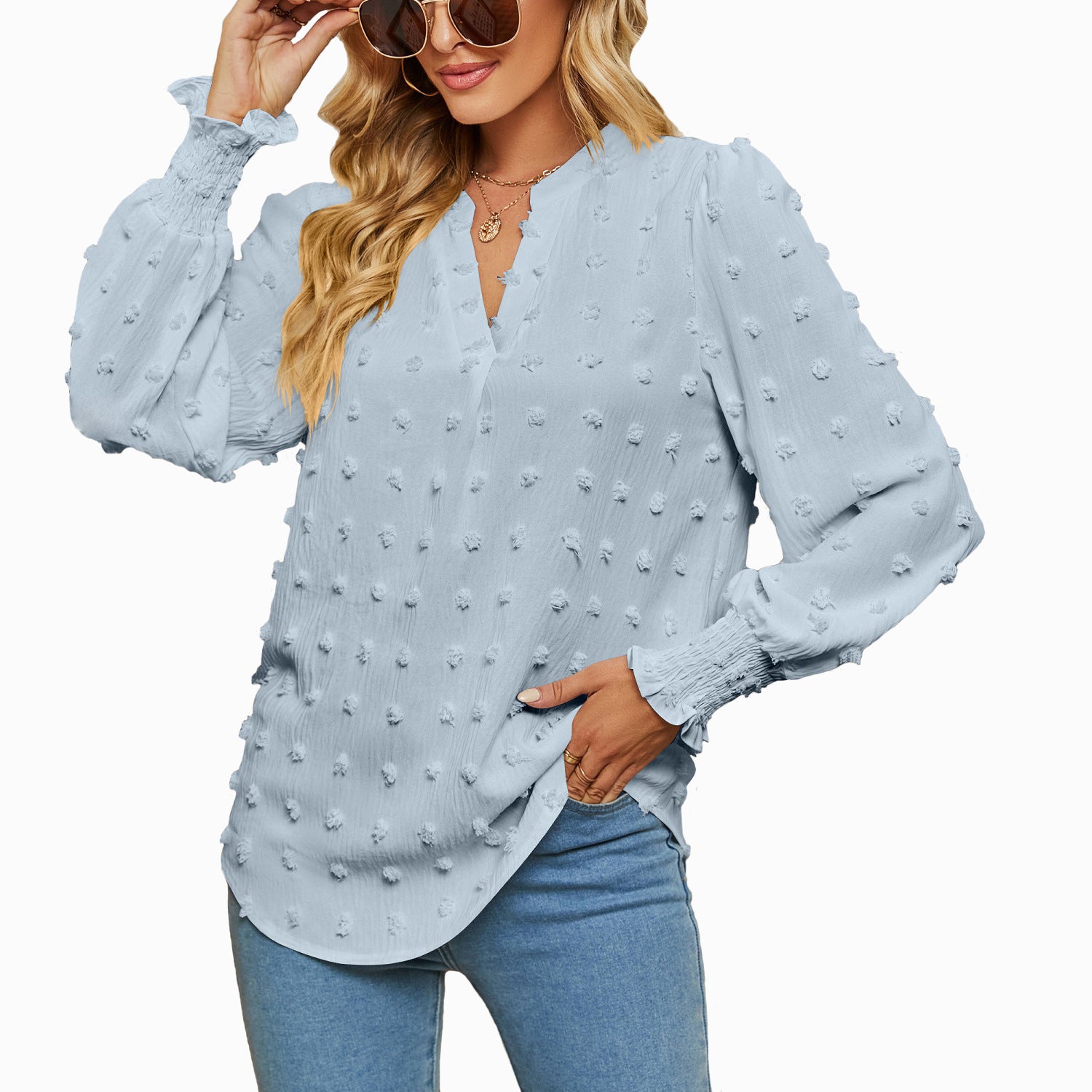 Dot Long-sleeved Bubble Sleeve V-neck Shirt Top - kinko