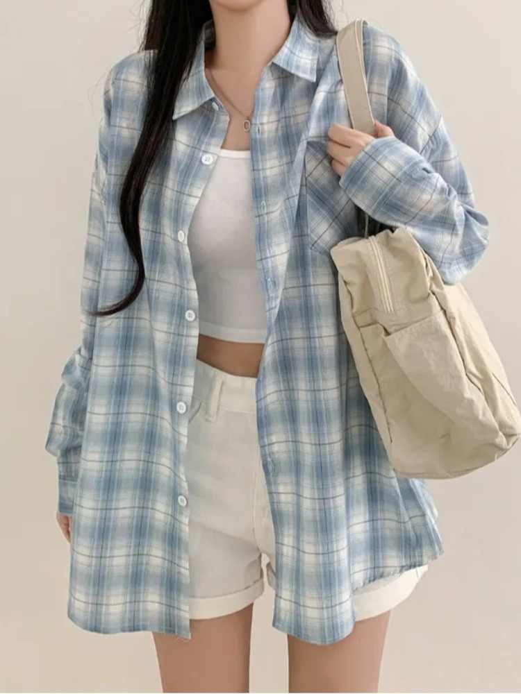 Blue Plaid Shirt For Women Loose Long Sleeve Jacket - kinko