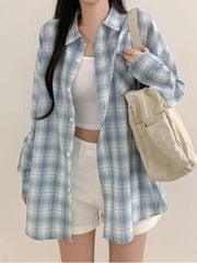 Blue Plaid Shirt For Women Loose Long Sleeve Jacket - kinko