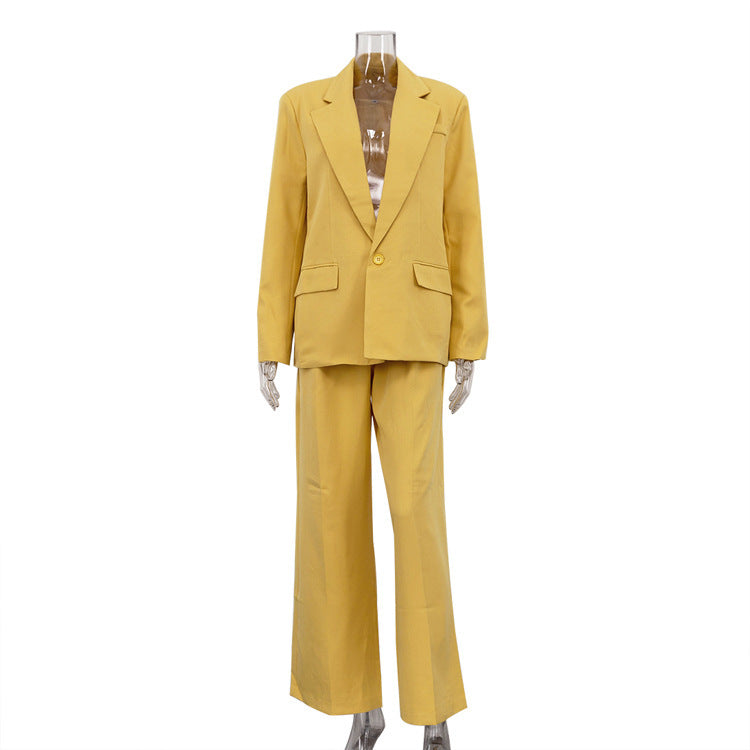 Long Sleeve Lapel Baggy Coat High Waist Wide Leg Pants Two-piece Set - kinko