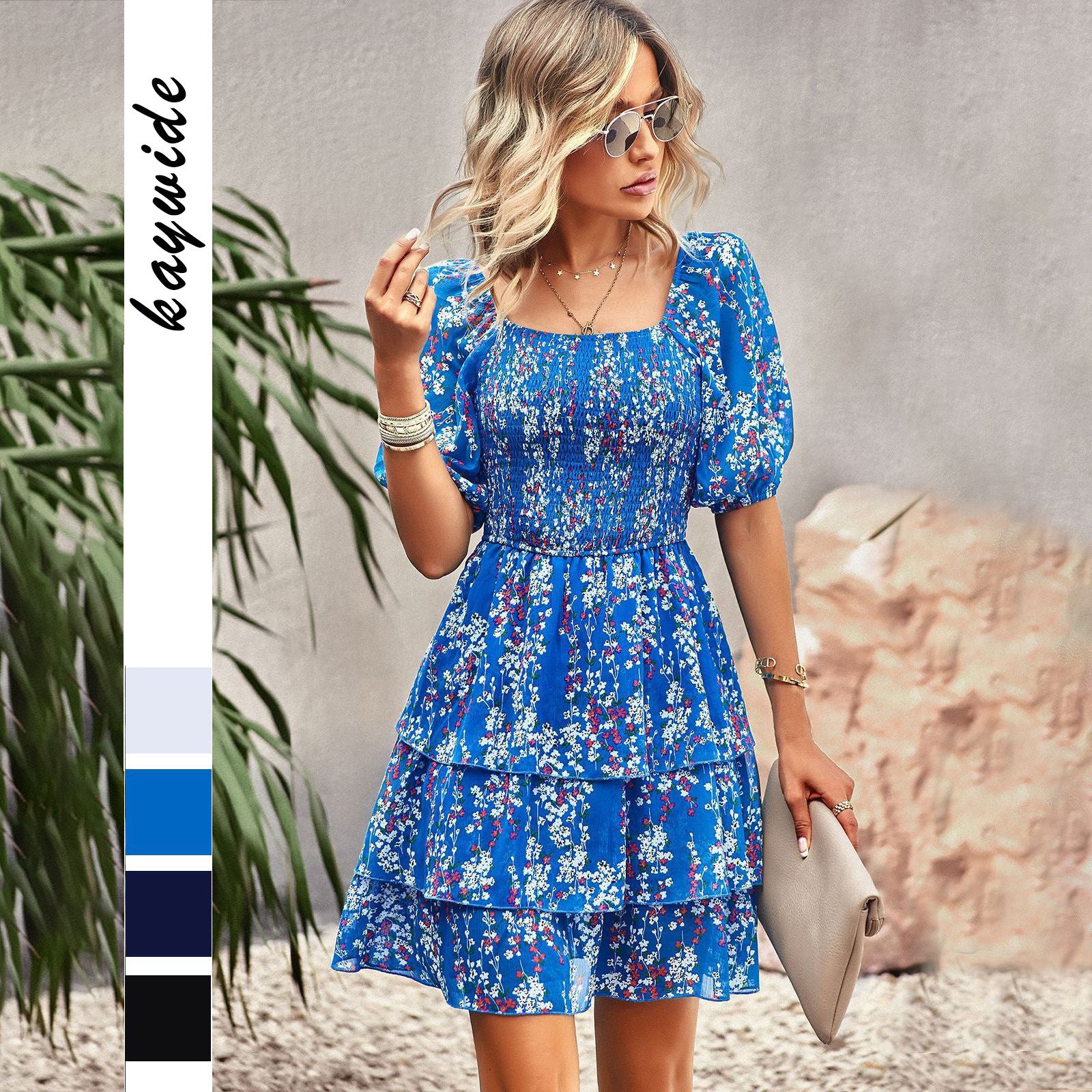 French Square Collar Cake Fashion Vacation Fashion Vacation Holiday Short Dress - kinko