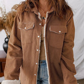 Cinnamon Fleece Lined Buttoned Flap Pockets Corduroy Jacket - kinko