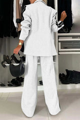 Full Size Contrast Lapel Collar Top and Pants Set - kinko