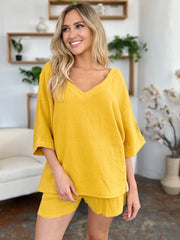 Double Take Texture Half Sleeve T-Shirt and Drawstring Shorts Set - kinko