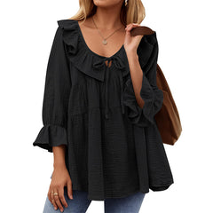 Round Neck Tied Front Dart Multi-layer Loose Waist Shirt - kinko