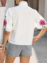 Floral Print Notched Puff Sleeve Blouse - kinko