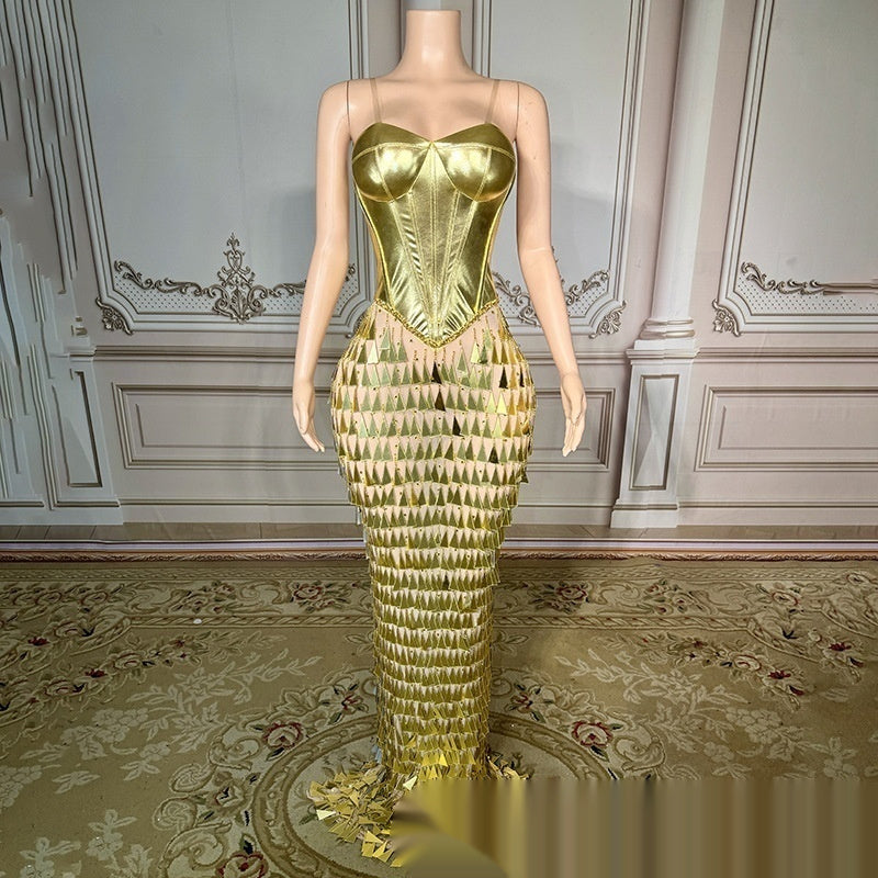 Golden Bright Surface Bandage Design Tight Waist Slimming Mermaid Day Formal Dress - kinko