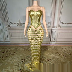 Golden Bright Surface Bandage Design Tight Waist Slimming Mermaid Day Formal Dress - kinko