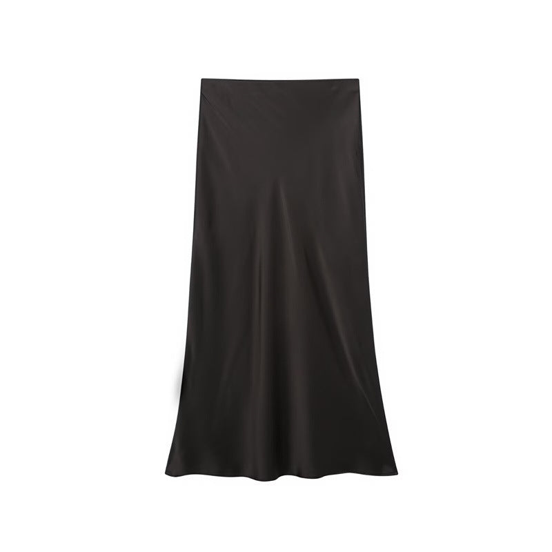 Solid Color Slim Silk Satin Texture Midi Skirt - kinko