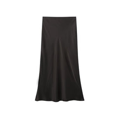 Solid Color Slim Silk Satin Texture Midi Skirt - kinko