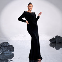 Velvet Round Neck Long Sleeve Rhinestone Evening Dress - kinko