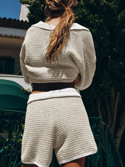 Collared Neck Contrast Striped Top and Shorts Sweater Set - kinko