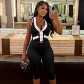 Women's Contrast Color V-neck Gold Button Halter Backless Top Tight Cropped Trousers Suit - kinko