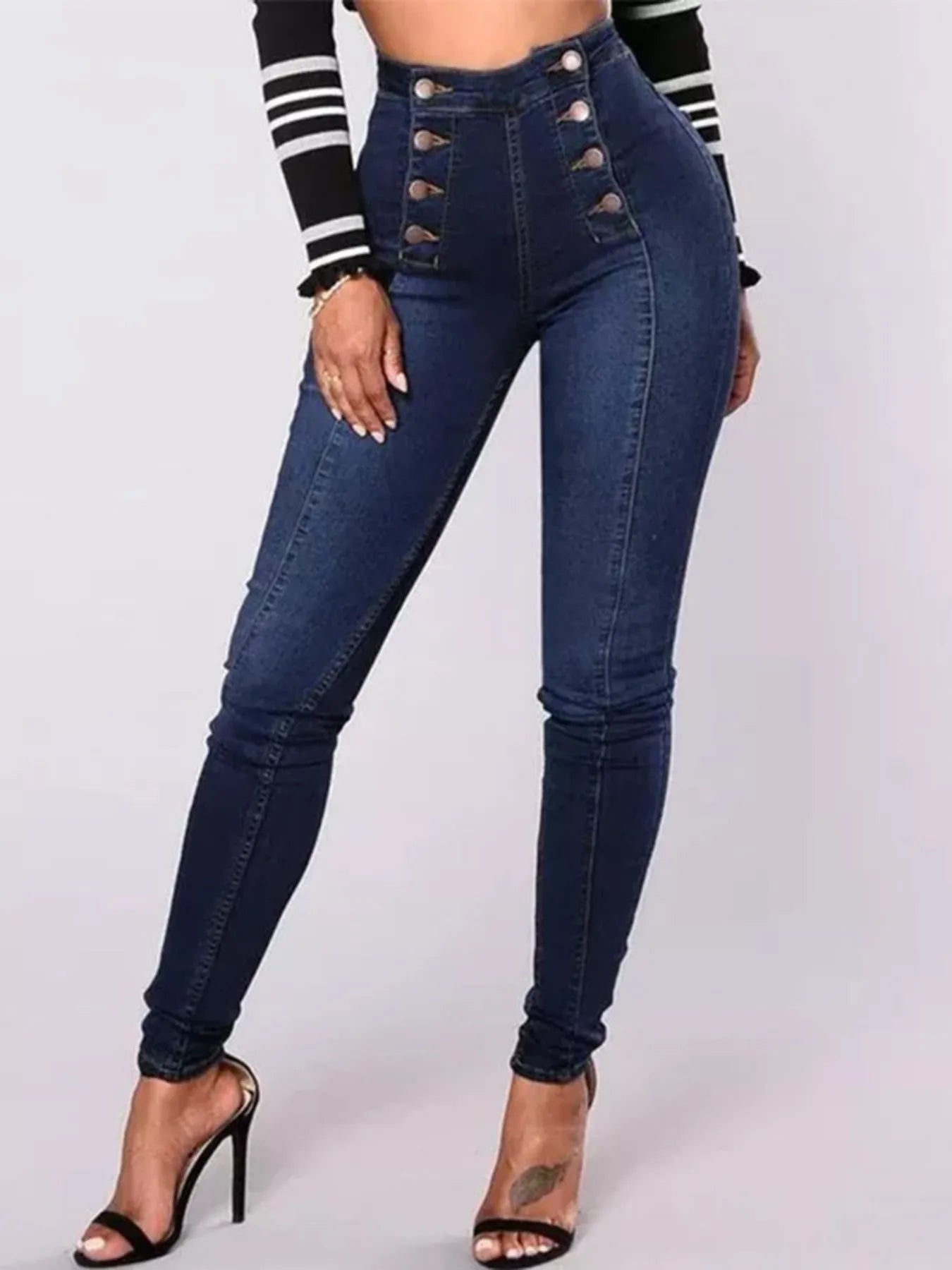 Full Size High-Waisted Double-Breasted Skinny Jeans Plus Size - kinko