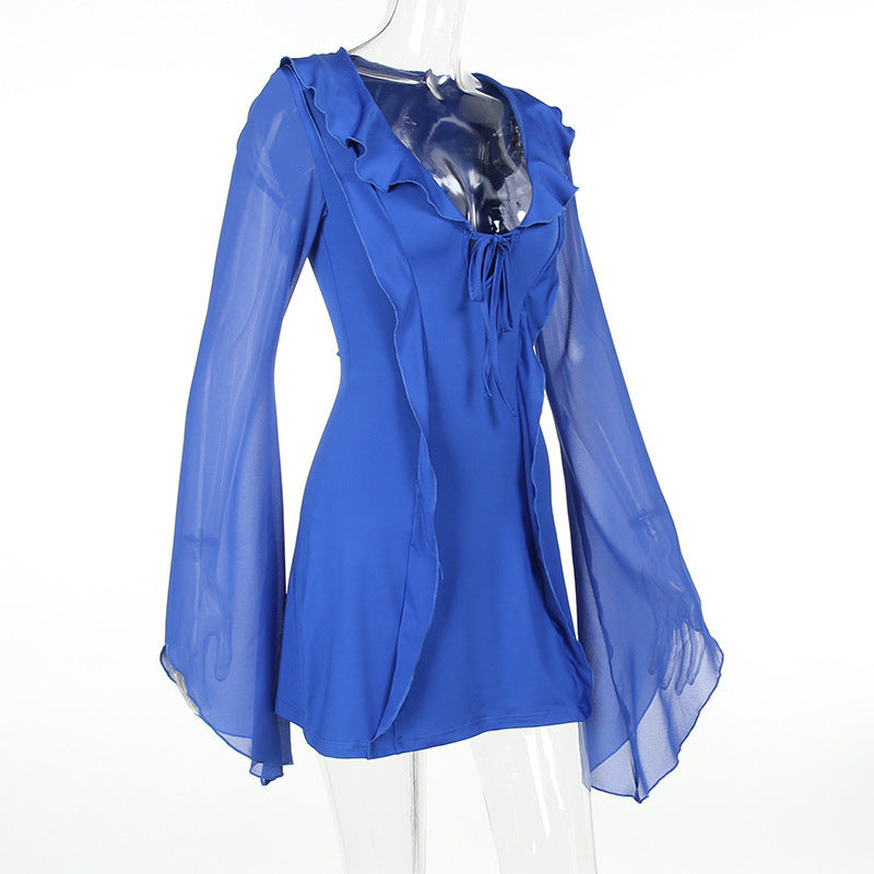 Sexy Ruffled V-neck Lace-up Long-sleeved Dress Fashion Y2K Skirt Slim Hip-covering Short Dresses For Womens Clothing - kinko