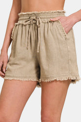 Zenana Washed Linen Frayed Hem Drawstring Shorts - kinko
