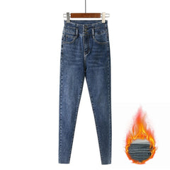 Fleece high waist jeans women's feet fall and winter