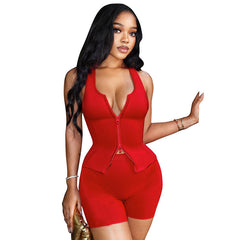 Women's Sexy Exercise Sleeveless Zipper Vest Top Tight Shorts Two-piece Suit - kinko