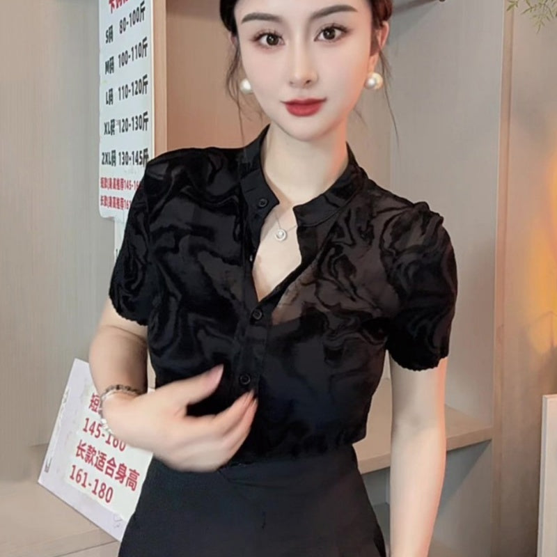 New Summer Black Mesh Short Sleeve Shirt For Women - kinko