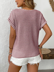 Striped V-Neck Short Sleeve T-Shirt - kinko