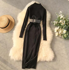 Fall and winter turtleneck sweater dress at the waist