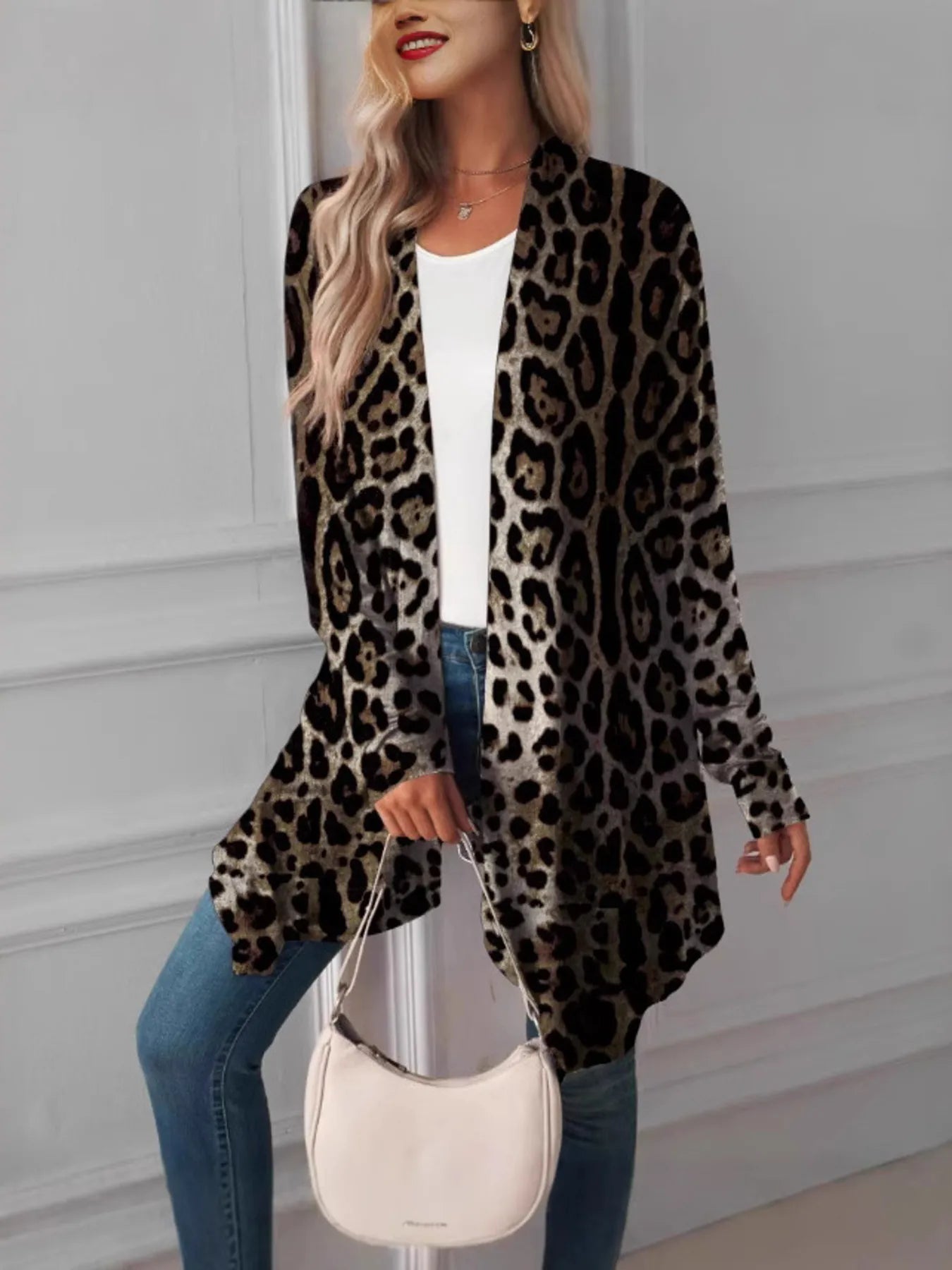 Leopard Print Long Open Front Cardigan - kinko