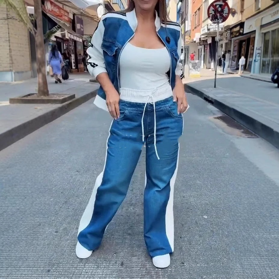 Women's Fashion Denim Stitching Long-sleeve Zipper Two-piece Set - kinko