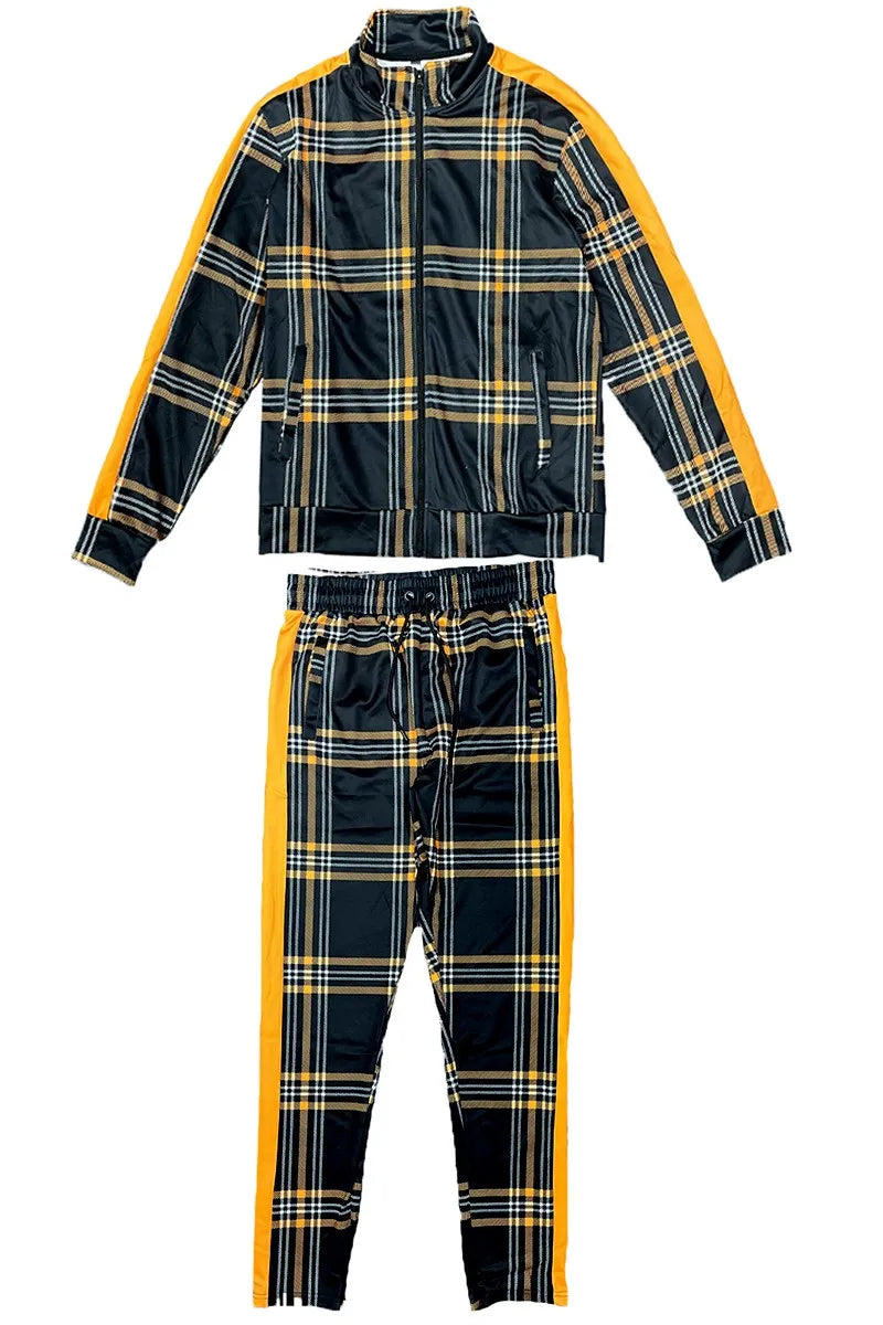 WEIV Men's Full Size Plaid Checkered Zip Up Track Jacket and Pants Set Plus Size - kinko