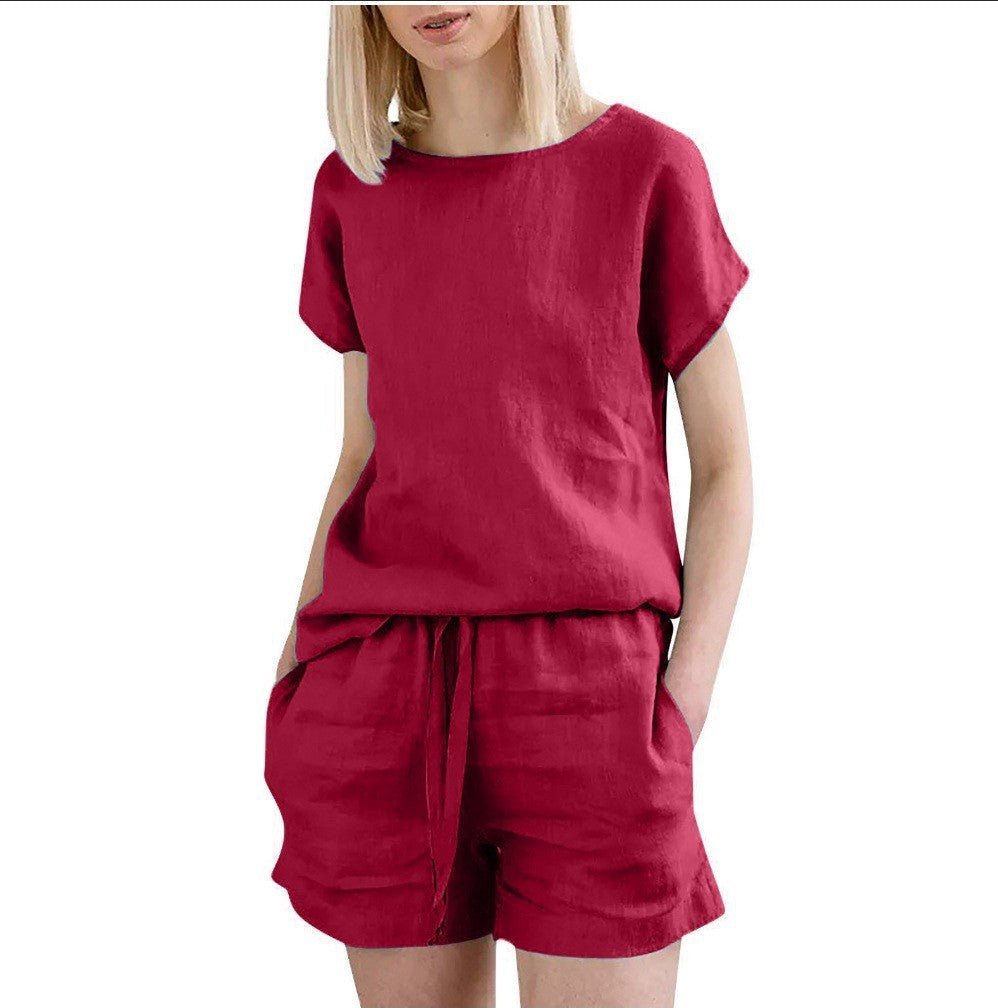 Short Sleeve Cotton Linen Retro Fashion Solid Color Top Shorts Suit - kinko