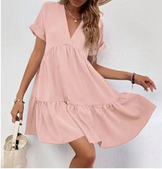 New Short-sleeved V-neck Dress Summer Casual Sweet Ruffled Dresses Solid Color Holiday Beach Dress For Womens Clothing - kinko