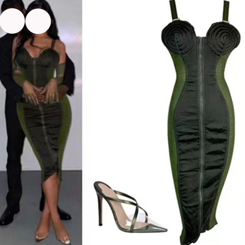 Army Green Sling Slim Temperament Dress - kinko