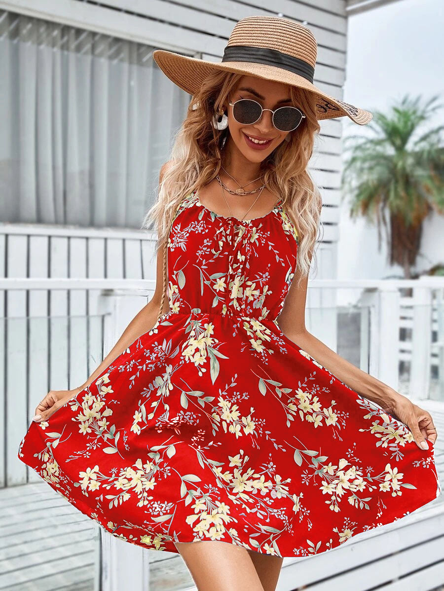 Floral Print Suspender Dress With Elastic Waist Design Fashion Summer Short Dresses Womens Clothing - kinko